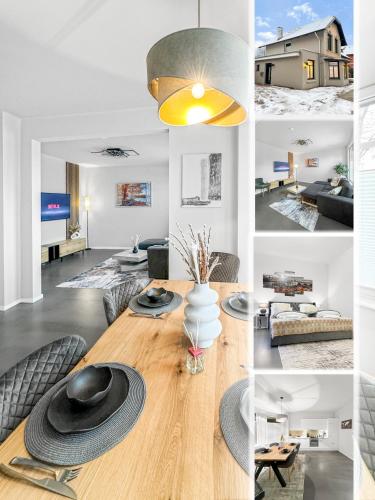 un collage di foto di una sala da pranzo e di un soggiorno di Modern living: Hamburg & Baltic Sea within 30 min a Ahrensburg
