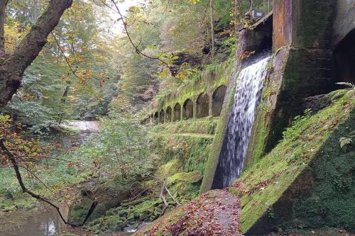 an old bridge with a waterfall on the side of a river at Ferienwohnung im Fachwerkhaus in Sebnitz