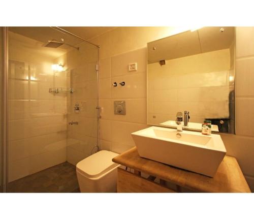 a bathroom with a sink and a toilet and a shower at Hotel Aksa Resort, Pahalgam in Pahalgām