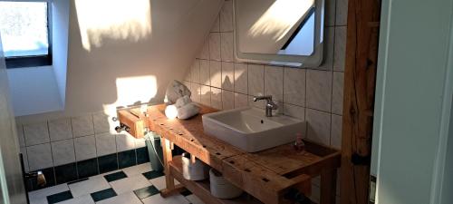 La salle de bains est pourvue d'un lavabo et d'un miroir. dans l'établissement Ferienwohnung Ruhepol, à Altefähr