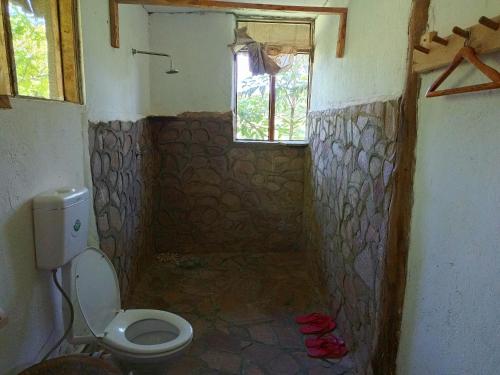 a bathroom with a toilet and a window at Bwindi my home 