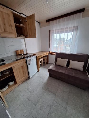 ein Wohnzimmer mit einem Sofa und einer Küche in der Unterkunft Apartmani "DA HOX" Vlašić 2 in Vlasic