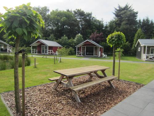 a wooden picnic table in a park with trees at Lodgepark 't Vechtdal in Dalfsen
