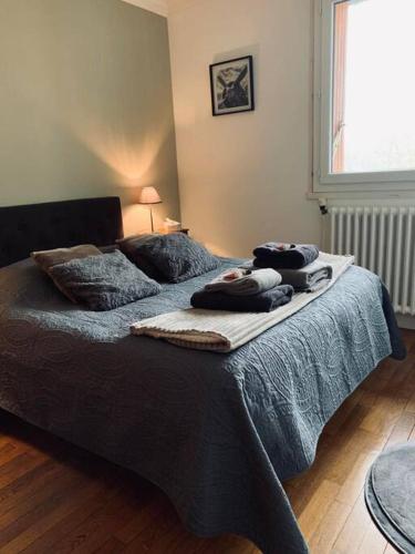 un lit avec des oreillers dessus dans une chambre dans l'établissement Gite au coeur de la nature, à Villers-Patras