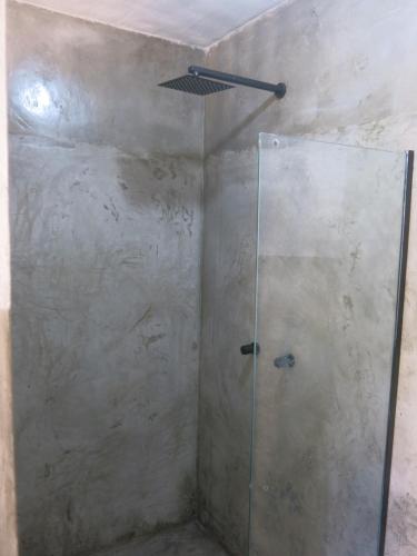 a shower with a glass door in a bathroom at YbYmara Eco Glamping in Serra Grande