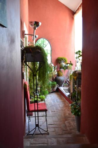 a hallway with a red chair and some plants at La Villa Blanche in Marseille