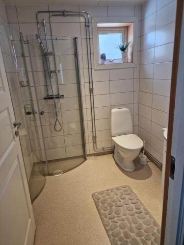 La salle de bains est pourvue d'une douche et de toilettes. dans l'établissement Lilla Stuga, à Moheda
