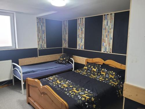 2 Betten in einem Zimmer mit blauen Wänden in der Unterkunft Cabana Rosie in Vartop