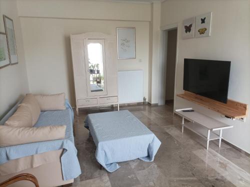 a living room with a couch and a flat screen tv at Stamatis Big Apartment in Spata