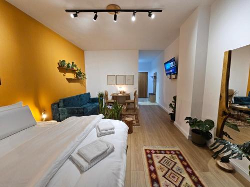 ティラナにあるVibe Studio Apartmentのベッドルーム1室(ベッド1台付)、リビングルームが備わります。
