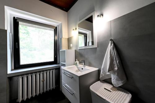 a bathroom with a sink and a toilet and a window at Dom Gościnny Rzeczna 4 in Tuczno