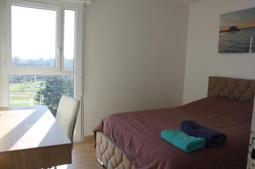 a bedroom with a bed and a table and a window at Appart T3 kodjo in Pessac