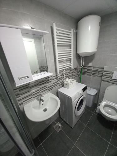 a bathroom with a sink and a washing machine at Apartman Mircevski in Skopje
