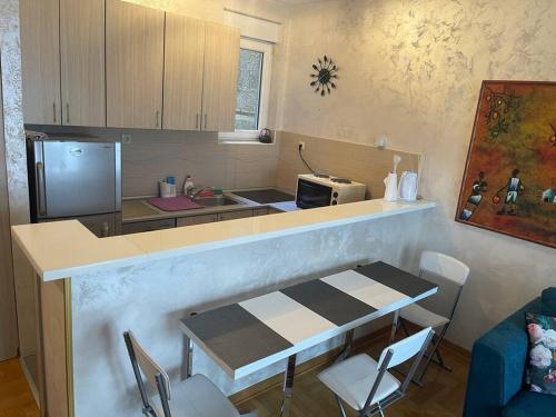 uma cozinha com um balcão, uma mesa e um micro-ondas em Art-Inspired, Cozy Apartment em Vračar (historical)