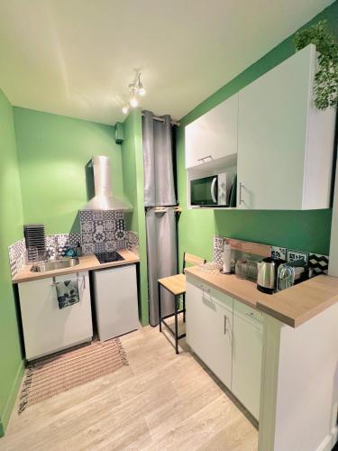 - une cuisine avec des murs verts et des placards blancs dans l'établissement Cosy Louvel, Superbe apt au cœur d'Angoulême, à Angoulême