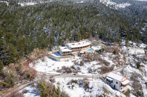 an aerial view of a house in the snow at Helmos Mountain Retreat in Zarouhla