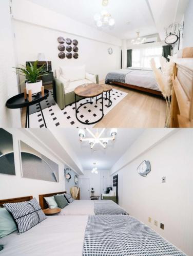 a bedroom with two beds and a living room at D91新宿最中心 東新宿站5分-Shinjuku center 5 mins to Station, Max 4P 直达新宿 涉谷 表参道 池袋 上野 代代木 银座 原宿 in Tokyo