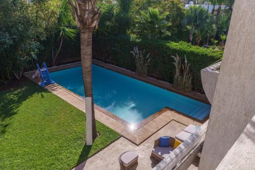 an overhead view of a swimming pool with a palm tree at Luxury villa Bouskoura Pearl in Casablanca