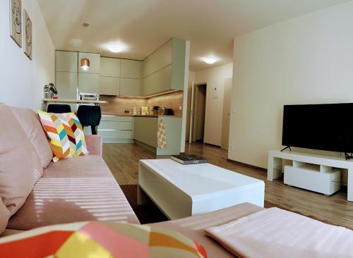 a living room with a couch and a tv at Lucky Homes Apartment Kosice in Košice