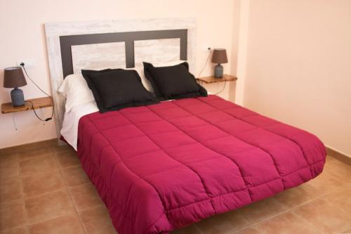 Un dormitorio con una gran manta rosa en una cama en Casa rural El Cestero, en Castellote