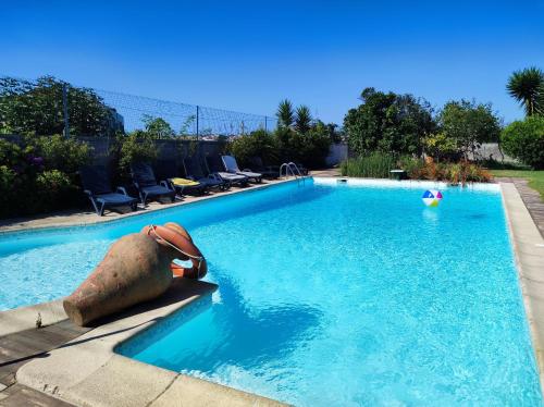 a large swimming pool with a large buoy in the water at Casa com piscina para 10 pessoas - 5 min da praia Esposende in Esposende