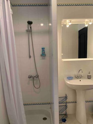 une salle de bain blanche avec une douche et un lavabo dans l'établissement Gîte 45 m2 3/4 personnes, à Bessèges