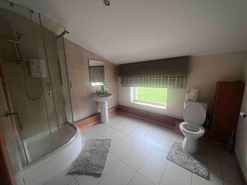 een badkamer met een douche, een toilet en een wastafel bij Kensington Apartments in Newhouse