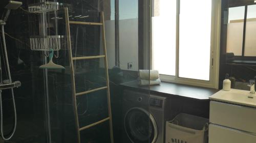 y baño con ducha y lavamanos. en Le Penthouse des Halles en Perpiñán