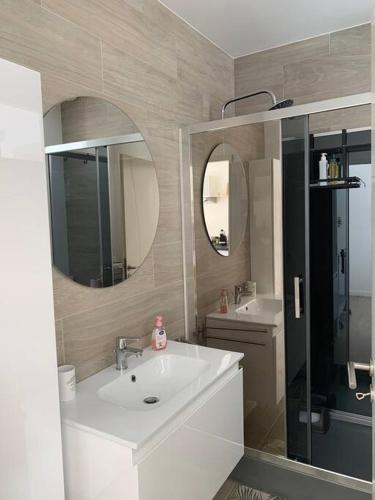 une salle de bain avec un lavabo et un miroir dans l'établissement Studio 30m2 3 pers centre village, à Bessèges