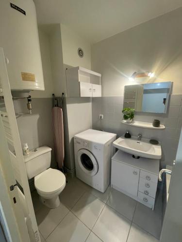 a bathroom with a toilet a sink and a washing machine at Appartement cosy avec terrasse proche des pistes et du centre du village in Ancelle