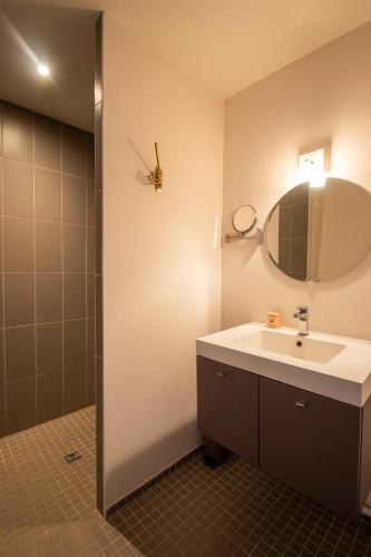 une salle de bain avec un lavabo et un miroir dans l'établissement Terrasse sur la Tour Garçonnet, à Amboise