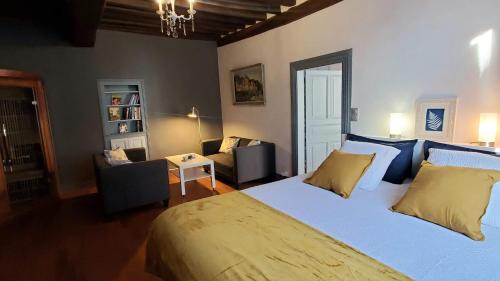 a bedroom with a large bed and a living room at La Rossignolerie - La familiale Vigneronne in Chouzy-sur-Cisse