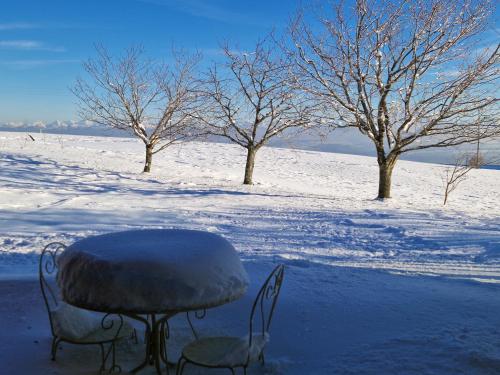 una mesa y sillas en un campo cubierto de nieve en Coup d'œil en Bullet