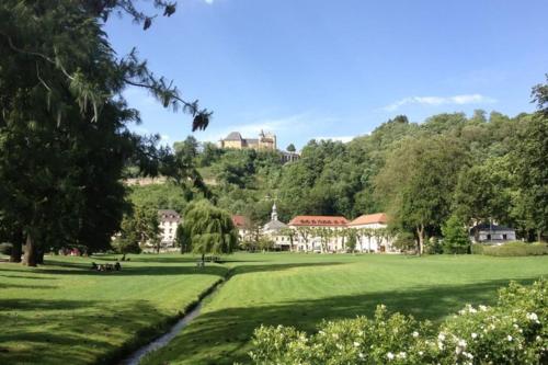 a green park with a building on a hill at L'ELGIA, gîte 3 épis, 3 étoiles in Saint-Martin-d'Uriage
