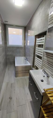 une grande salle de bain avec une baignoire et un lavabo dans l'établissement Appartement en centre ville, à Thonon-les-Bains