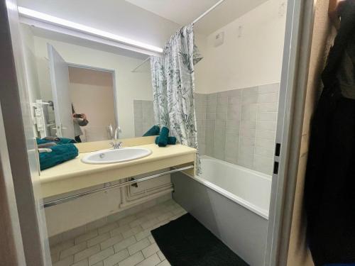 a bathroom with a sink and a mirror and a shower at Appartement duplex T2 2 à 5 pers in Villard-de-Lans