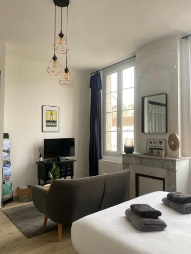 Una sala de estar con un sofá y una chimenea. en Le Studio de Meli, proche centre ville, gare et Thermes, en Rochefort