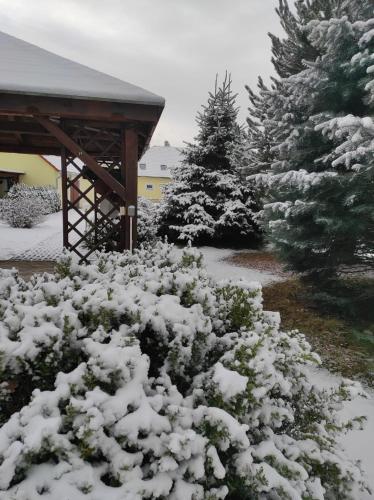 a snow covered garden with trees and a gazebo at Penzion Kosky in Hamr