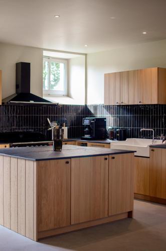 a kitchen with wooden cabinets and a counter top at DOMAINE LE MEZO in Ploeren