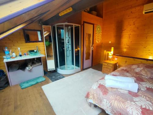 an overhead view of a bedroom with a glass shower at Maison de ski et randonnée in Lez