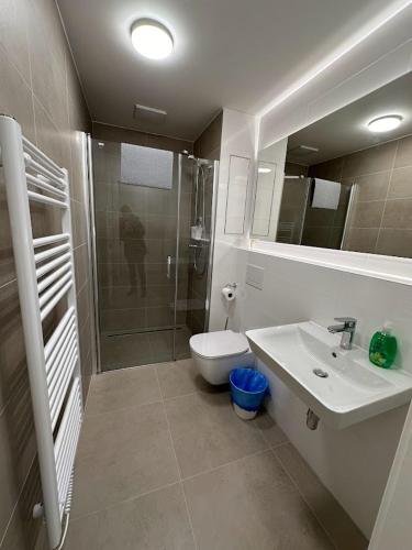 a bathroom with a shower and a toilet and a sink at Bella Apartments Brno in Brno