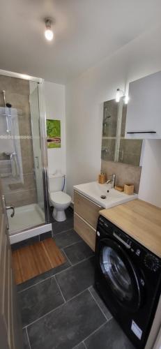 een badkamer met een wasmachine in een wasmachine bij Résidence du soleil in Béziers
