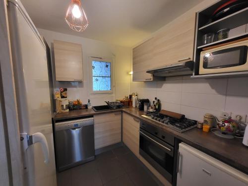 eine kleine Küche mit einem Herd und einem Kühlschrank in der Unterkunft Sur le bassin d'Arcachon in Lanton