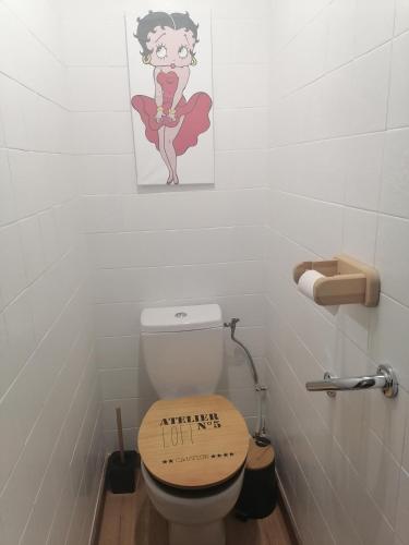 a bathroom with a toilet with a picture on the wall at Gîtes déco pop et chaleureuse avec jacuzzi, sauna, piece coquine in Calais