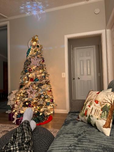 a christmas tree in the corner of a living room at Farm Country House with Pool and Huge Property in Blakeslee