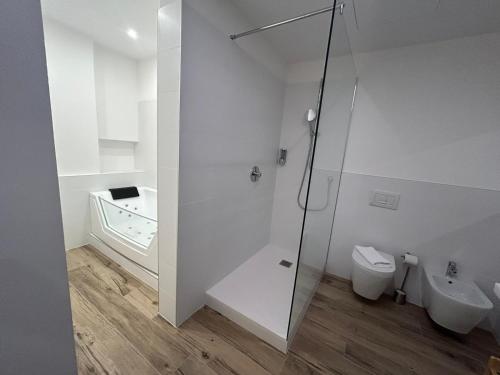 a white bathroom with a toilet and a shower at Luxury Apartment Teatro in Bolzano