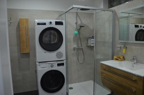 a bathroom with a shower and a washing machine at Kinderlachen garantiert in Lutzmannsburg