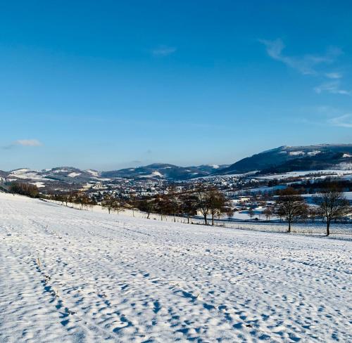 a snowy field with footprints in the snow at Ferienwohnung Losenberg in Olsberg