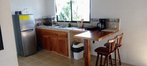 eine kleine Küche mit einem Kühlschrank und einer Theke in der Unterkunft Casa Finca Lindora in Monteverde Costa Rica