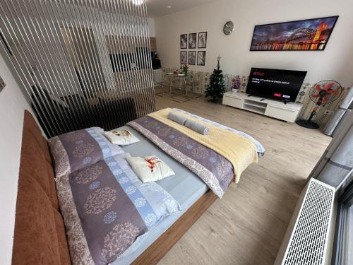 a bedroom with a bed and a flat screen tv at O2 Arena - Alex Apartment Praha in Prague